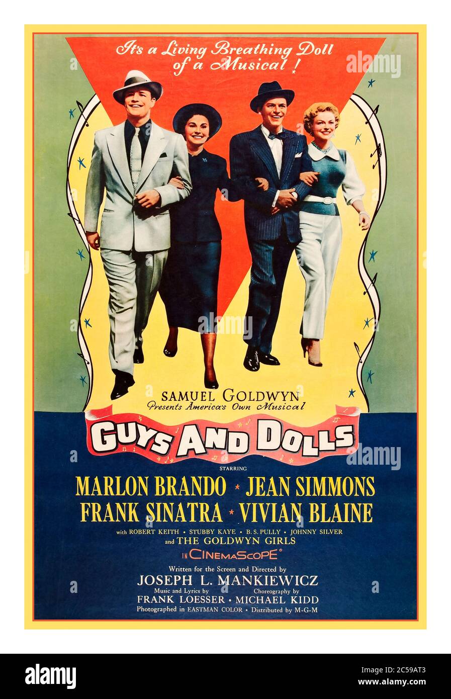 GUYS & DOLLS Vintage 1950s Movie Film Poster Guys and Dolls ein amerikanischer Musikfilm aus dem Jahr 1955 mit Marlon Brando, Jean Simmons, Frank Sinatra und Vivian Blaine. Der Film wurde von Samuel Goldwyn Productions gedreht und von Metro-Goldwyn-Mayer (MGM) vertrieben. Regie führte Joseph L. Mankiewicz, der auch das Drehbuch schrieb. Der Film basiert auf dem Broadway-Musical von 1950 des Komponisten und Texters Frank Loesser, Stockfoto