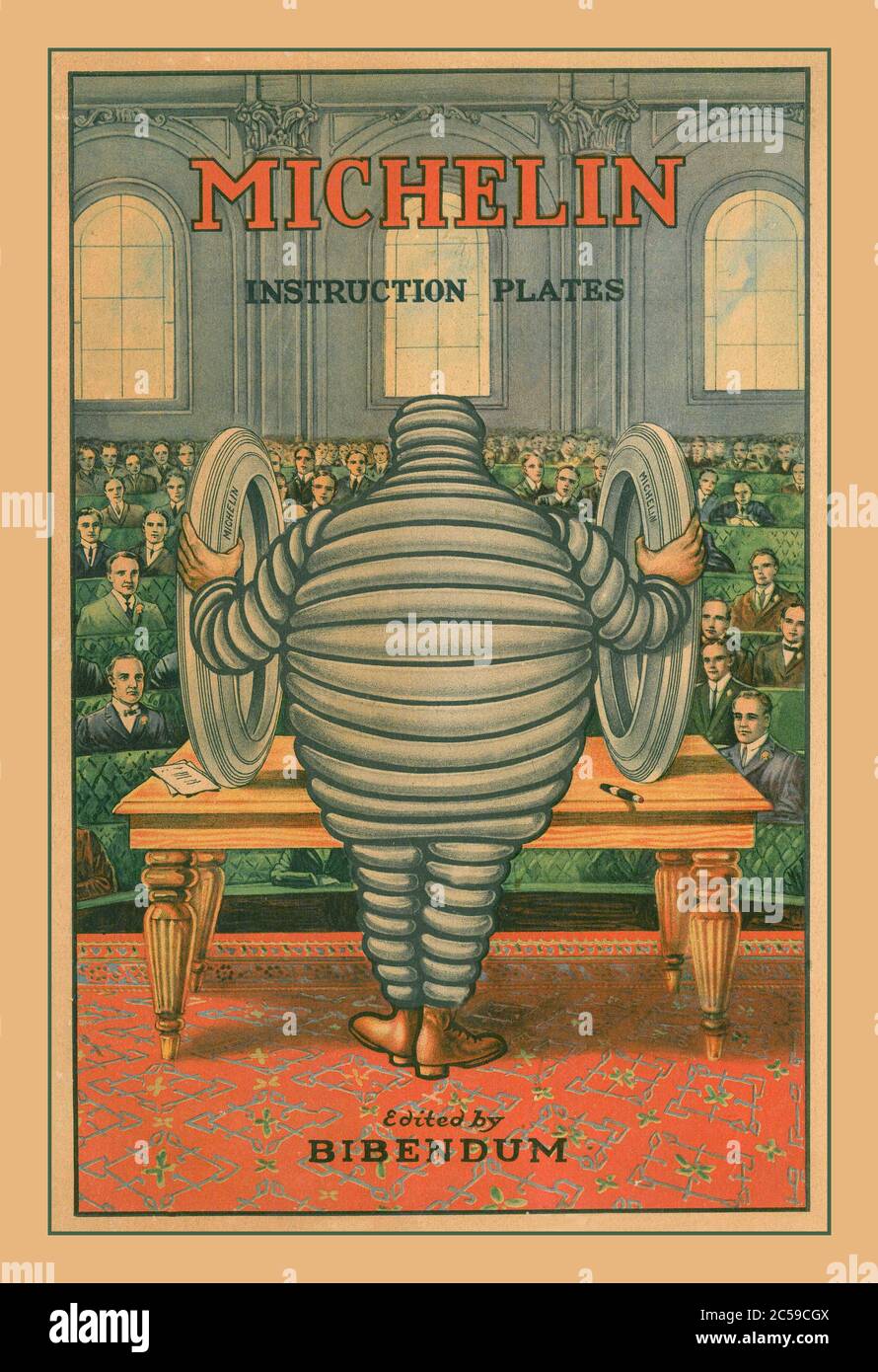 Vintage Reifen Michelin Anleitungsschilder Vintage 1913 Lithographie Werbeplakat Bibendum der Michelin Mann Stockfoto