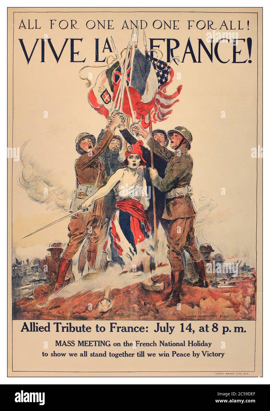 1. Weltkrieg 1915 Propaganda Poster von James Montgomery Flagg 'All for One und One for All! Vive La France', original Lithographie Poster gedruckt USA - Stockfoto