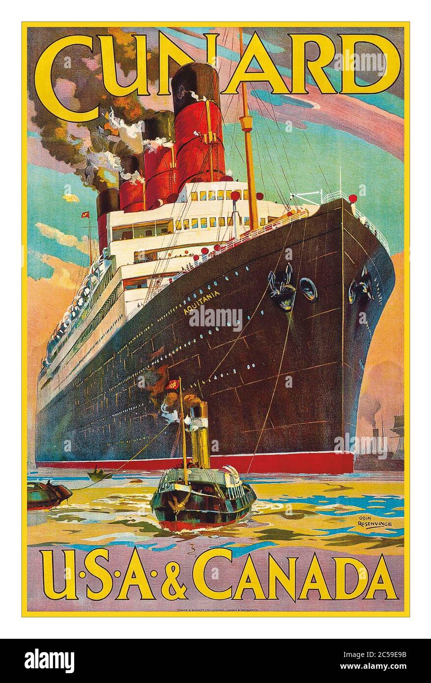 VINTAGE 1900 CUNARD AQUITANIA RETRO POSTER von Odin Rosenvinge CUNARD AQUITANIA, USA & KANADA Lithographie, um 1914, gedruckt bei Turner & Dunnet Ltd., Stockfoto