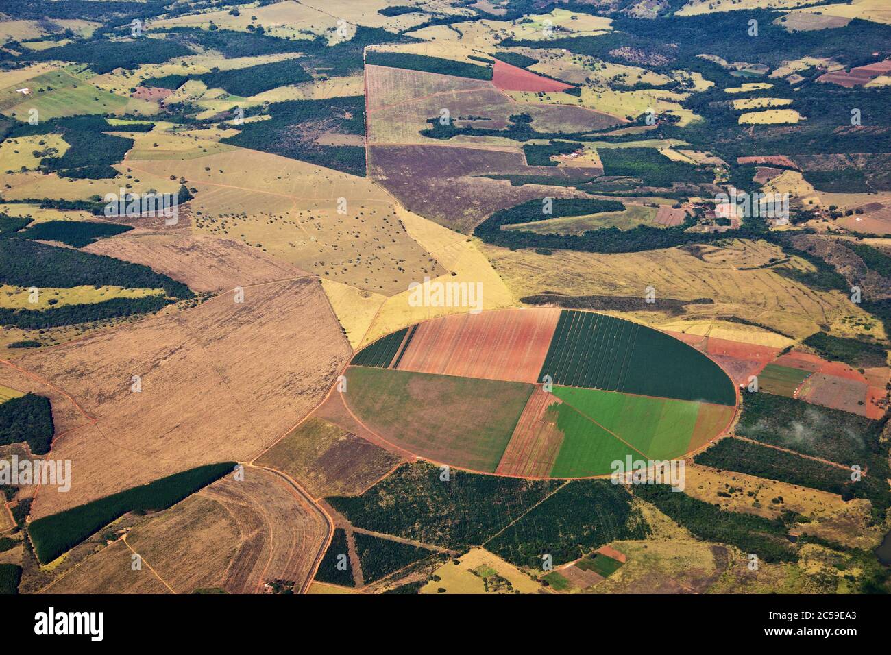 Luftaufnahme von Feldern im Cerrado von Goias, brasilianischer mittlerer Westen (Centro-Oeste), Herz der brasilianischen Agrarindustrie Stockfoto