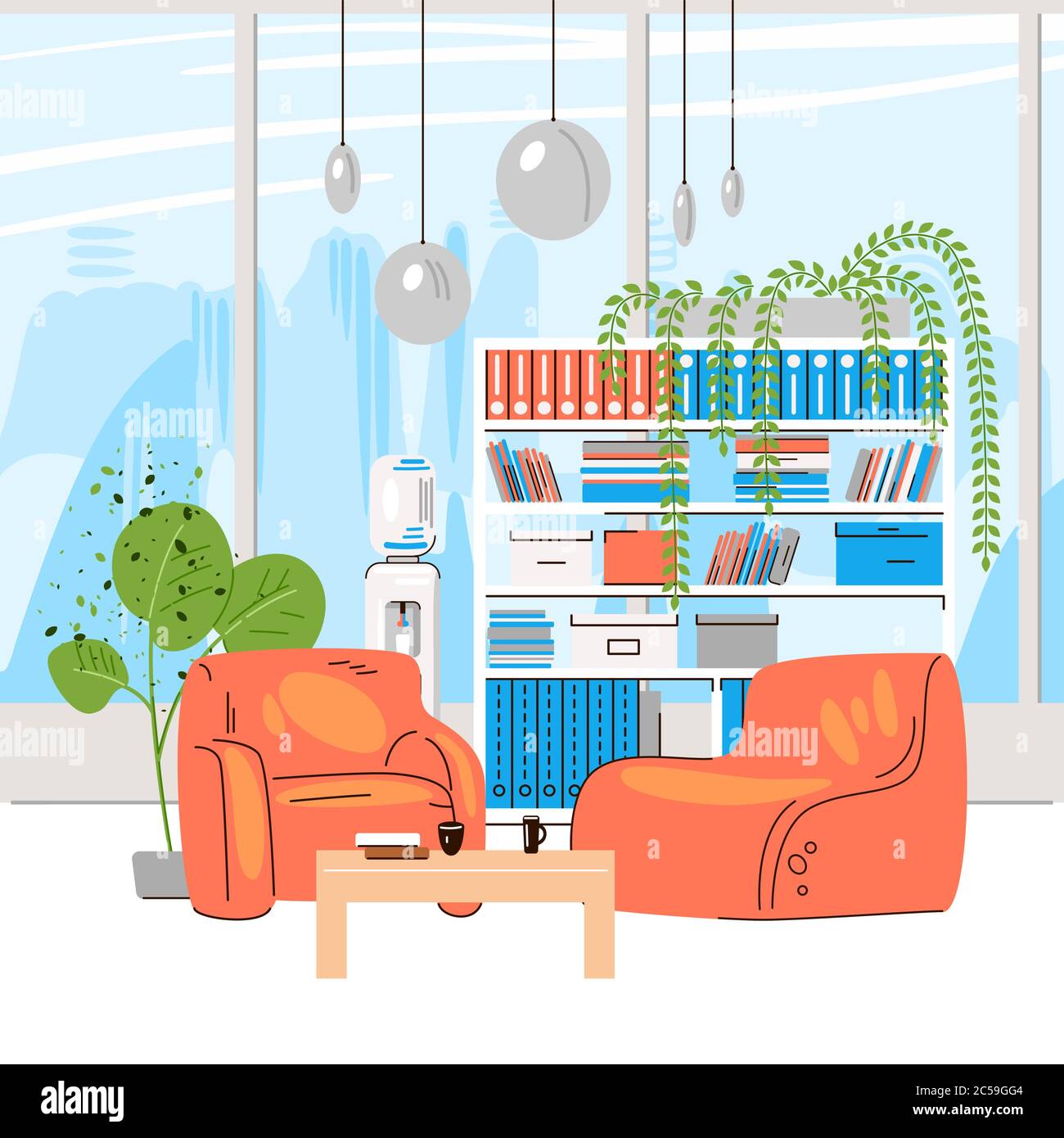Vector Flat Collection of Creative Workplace mit modernen Open Space und leerem Büroinnenraum - Business und zeitgenössische Co-Working Illustration Stock Vektor