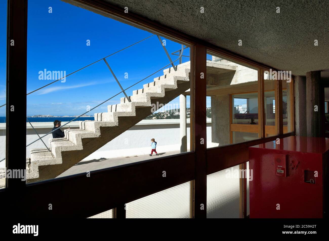 Frankreich, Bouches du Rhone, Marseille, Architekturwerk von Le Corbusier, von der UNESCO zum Weltkulturerbe erklärt, Cite Radieuse oder Radiant City von Le Corbusier, das Dach Stockfoto