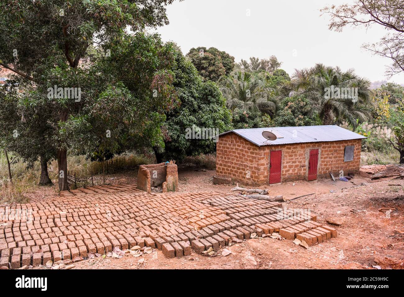 Afrika, Westafrika, Benin, Natitinqou. Ziegel werden auf den Boden gelegt, um in der Sonne zu trocknen. Stockfoto