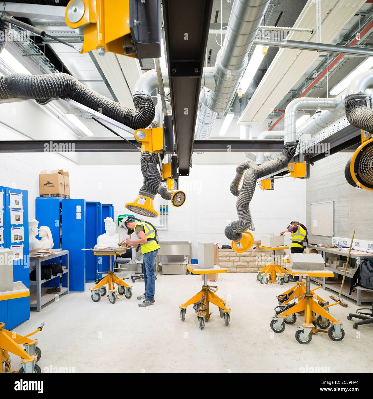 Steinmetzwerkstatt. City of Glasgow College City Campus, Glasgow, Großbritannien. Architekt: Reiach und Hall Architekten, 2015. Stockfoto