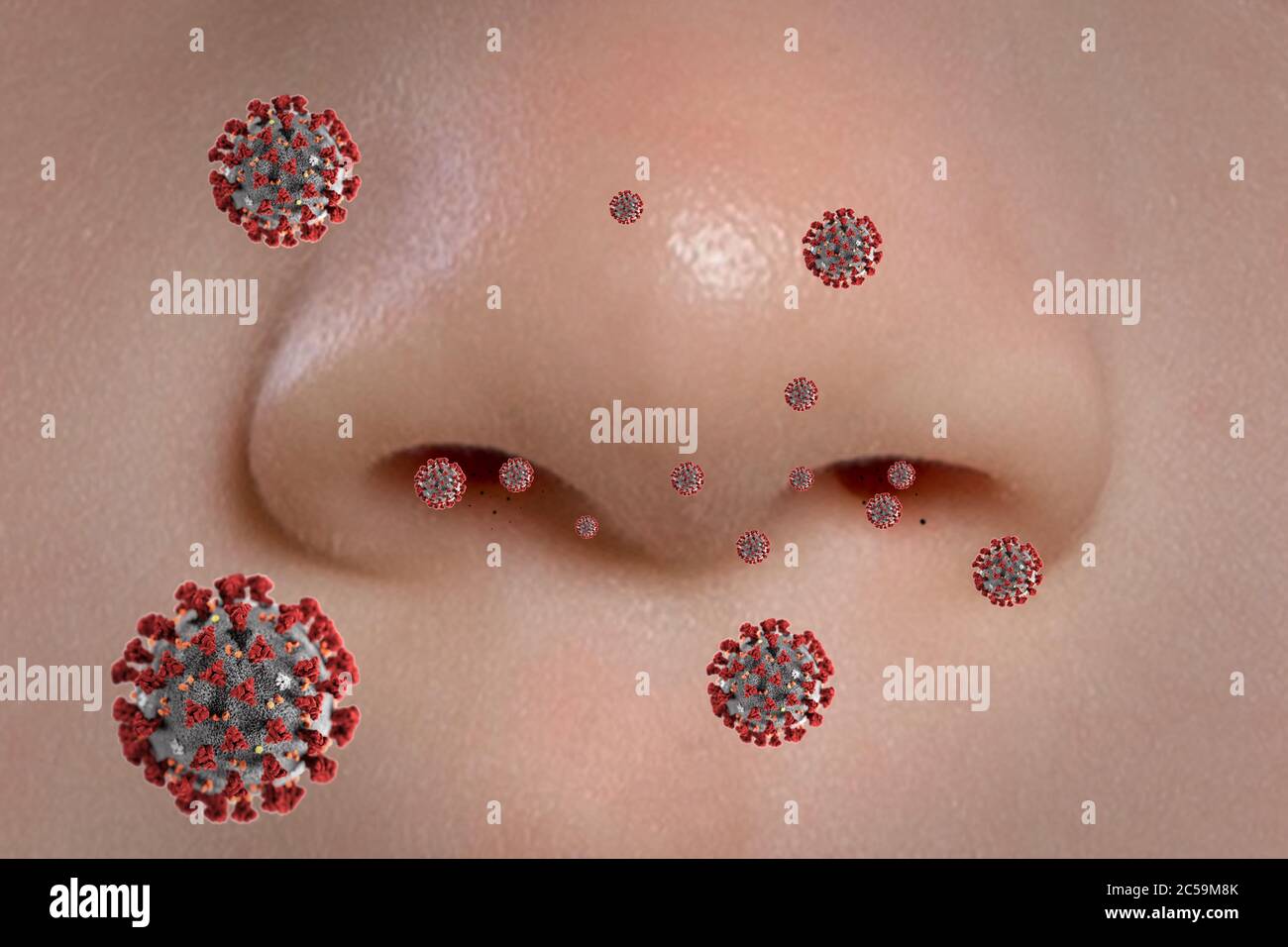 Die Nase des Patienten beim Einatmen oder Ausatmen von Viren Stockfoto