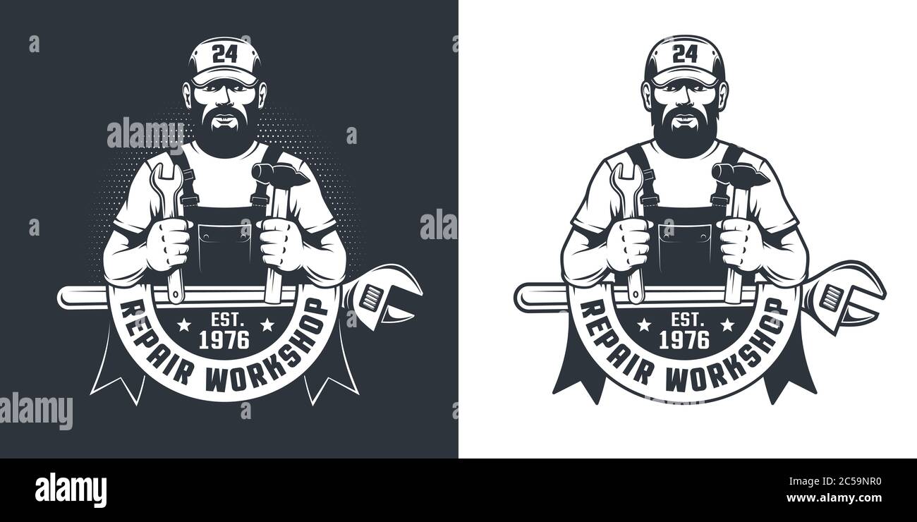 Mechanische Werkstatt Retro Abzeichen mit Handwerker in Kappe Stock Vektor