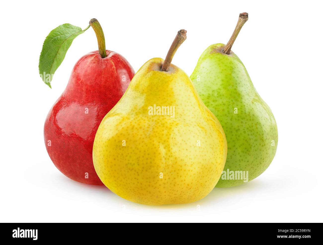 Isolierte Birnenfrüchte. Gelbe, grüne und rote Birnen isoliert auf weißem Hintergrund Stockfoto