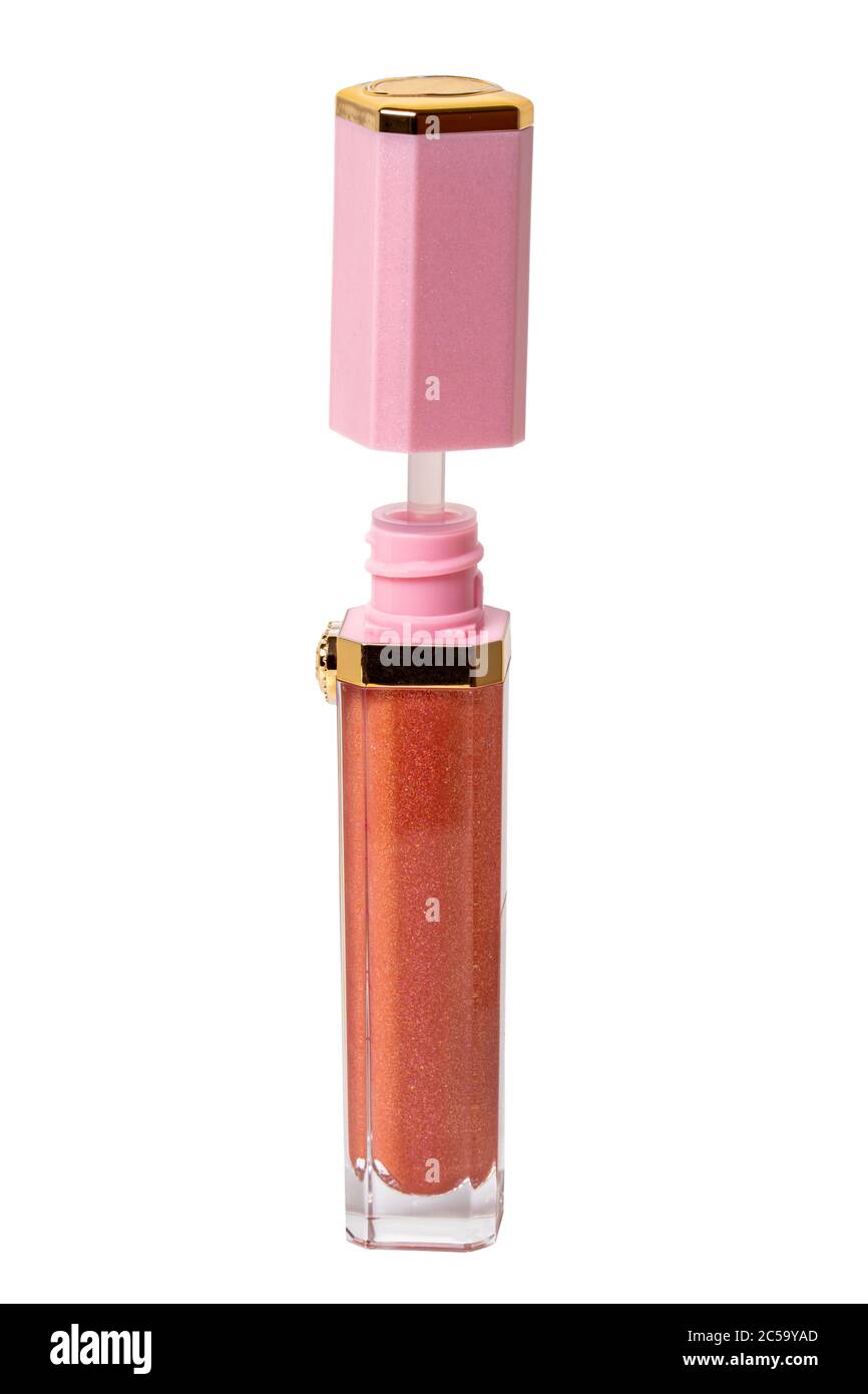 Lipgloss isoliert. Nahaufnahme eines eleganten luxuriösen geöffneten Tubus mit buntem rosa Lipgloss mit Glitzer-Effekt für natürliche prall Lippen isoliert auf einem Stockfoto