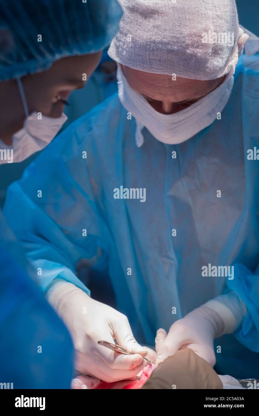 Kinderchirurgen führen urologische Operationen durch. Ein Mann und eine Frau in einer Maske und einem blauen sterilen Gewand im Operationssaal. Stockfoto