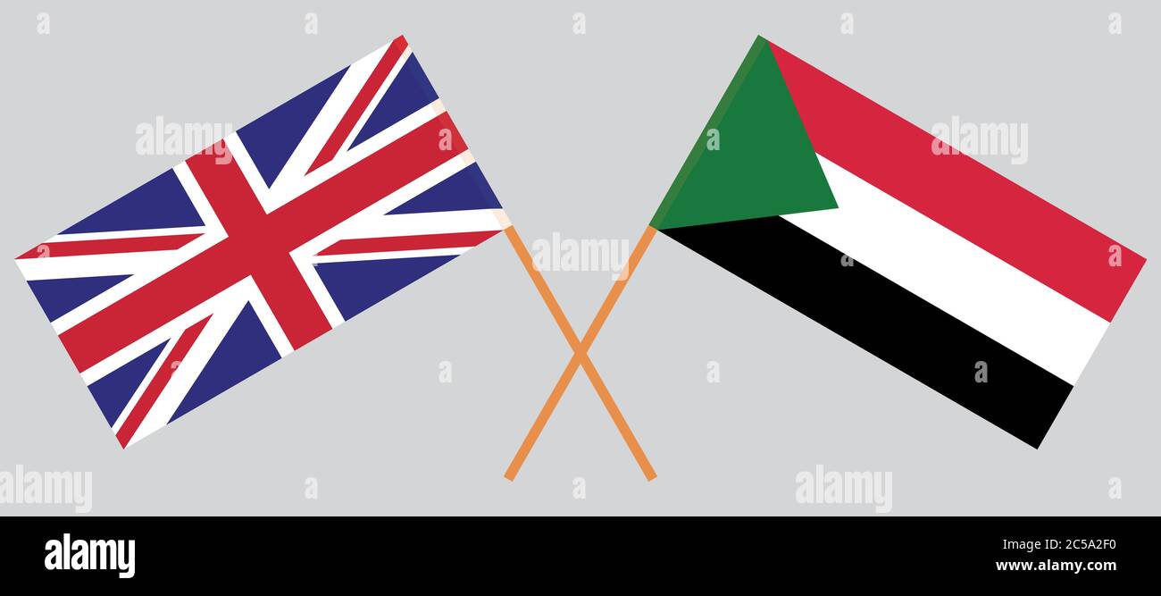 Gekreuzte Flaggen des Sudan und des Vereinigten Königreichs. Offizielle Farben. Korrektes Verhältnis. Vektorgrafik Stock Vektor
