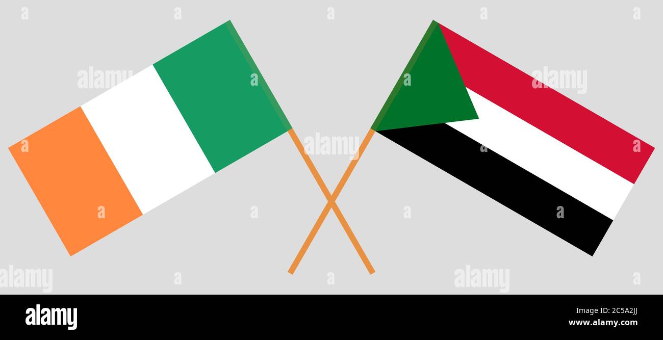Gekreuzte Flaggen des Sudan und Irlands. Offizielle Farben. Korrektes Verhältnis. Vektorgrafik Stock Vektor