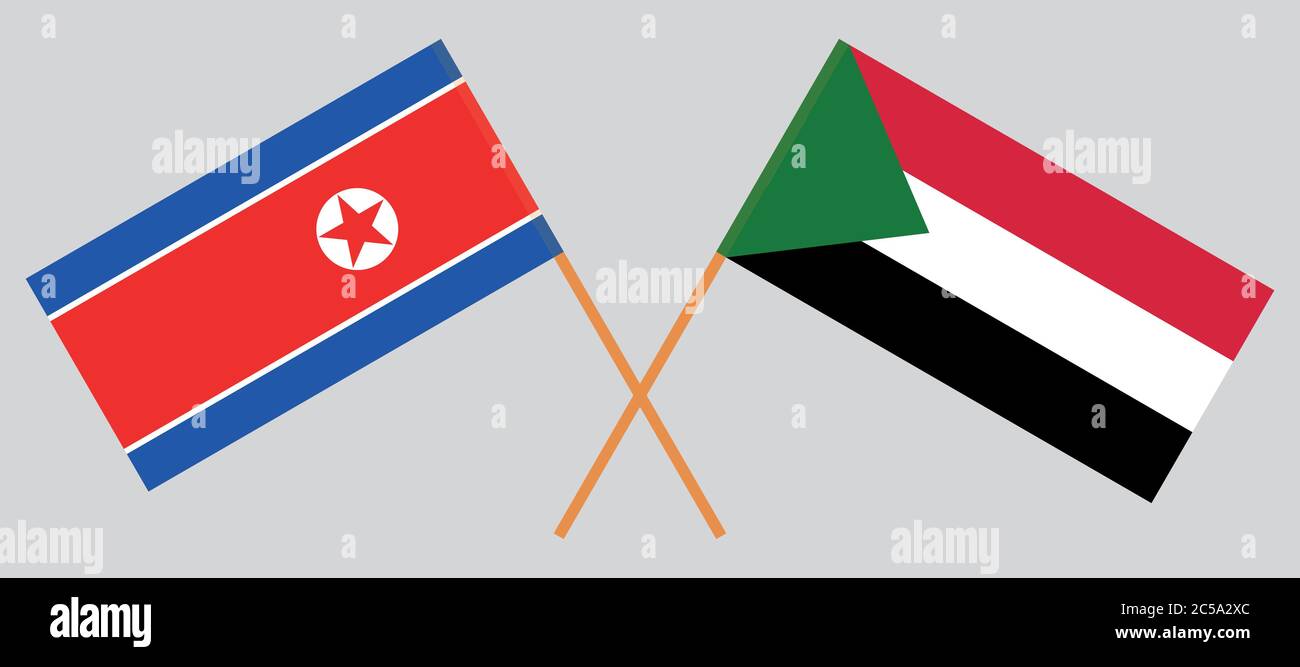 Gekreuzte Flaggen des Sudan und Nordkorea. Offizielle Farben. Korrektes Verhältnis. Vektorgrafik Stock Vektor
