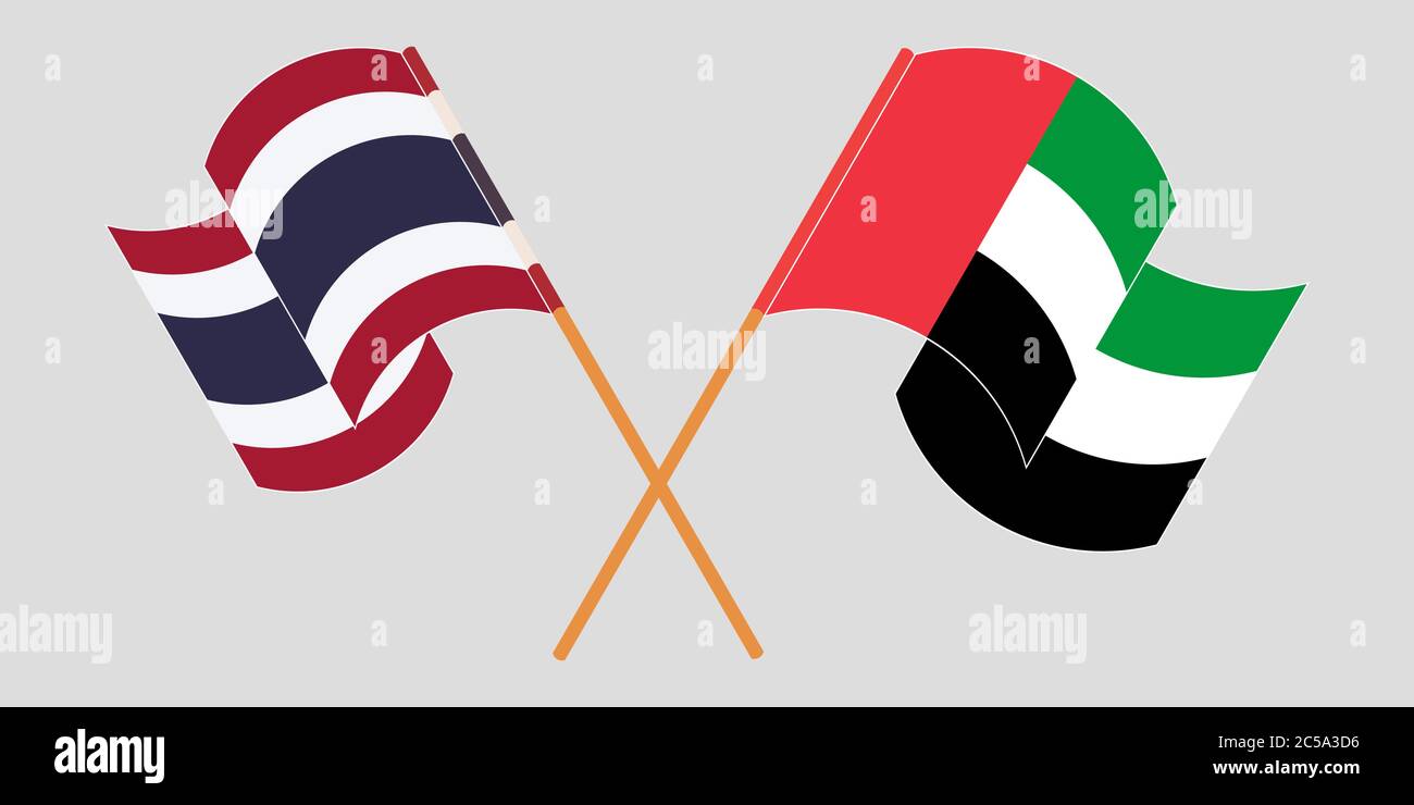 Gekreuzte und winkende Flaggen von Thailand und den Vereinigten Arabischen Emiraten. Vektorgrafik Stock Vektor