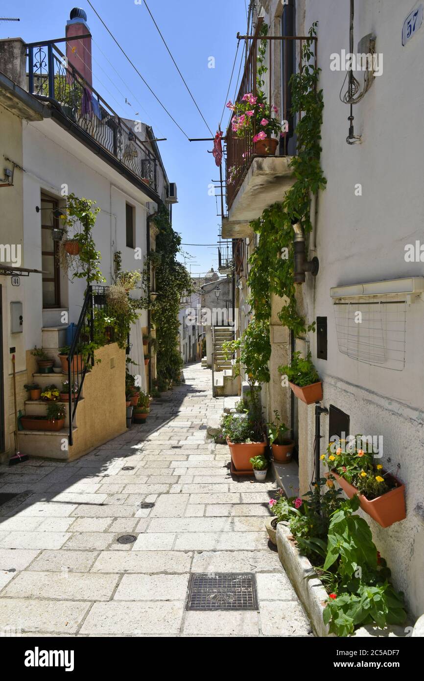 Eine schmale Straße zwischen den Häusern der Altstadt von San Giovanni Rotondo in der Region Apulien. Stockfoto