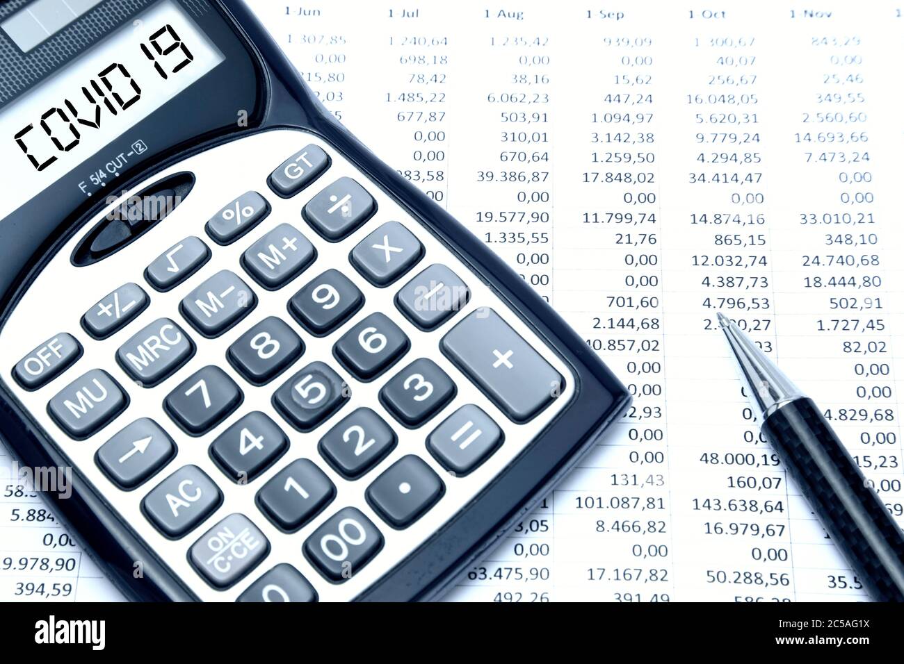 Covid 19 digitaler Text auf dem Taschenrechner-Bildschirm, mit Hintergrund für Budgetblätter Stockfoto