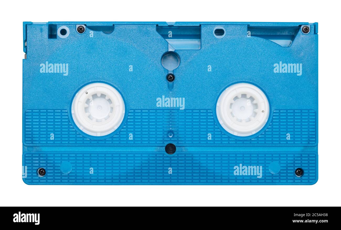 Rückseite eines blauen VHS-Bandes auf Weiß ausgeschnitten. Stockfoto