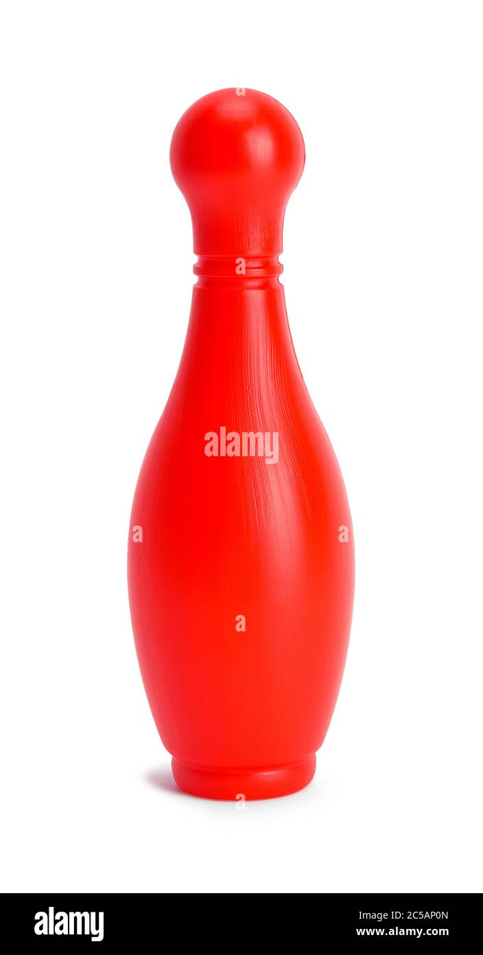 Kunststoff rot Bowling Pin Vorderansicht isoliert auf weiß. Stockfoto