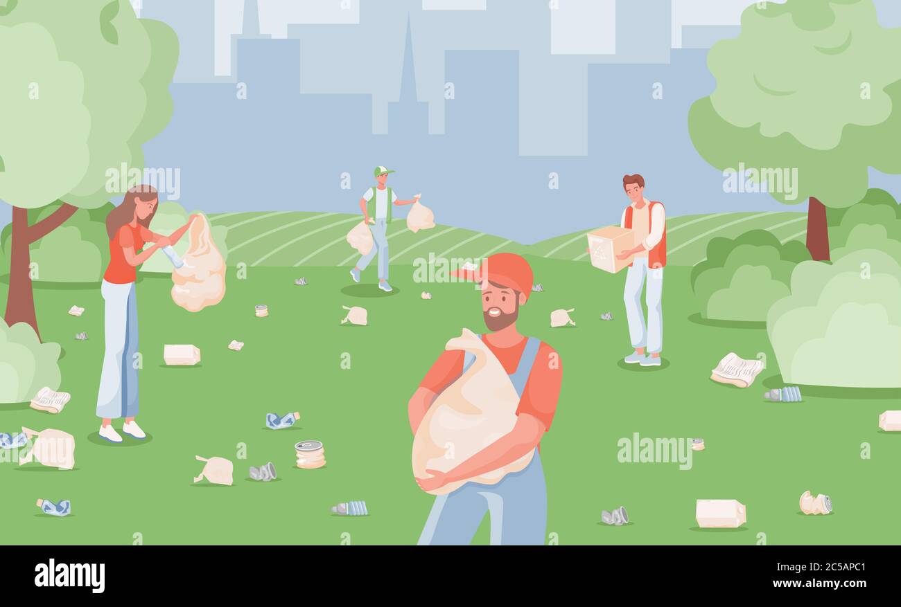 Menschen sammeln und sortieren Müll in Stadtpark Vektor flache Illustration. Männer und Frauen kümmern sich um den Planeten, sammeln Abfälle in Taschen. Umweltfreundlicher Lebensstil, Erde retten, Umweltschutz Konzept. Stock Vektor