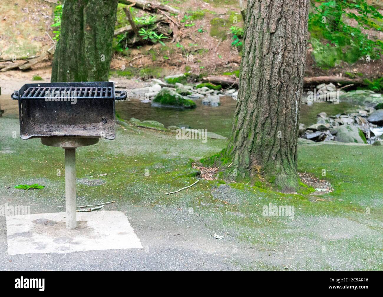 Horizontale Aufnahme eines stark genutzten Grills an einem Picknickplatz mit Bäumen und einem Bach dahinter. Stockfoto