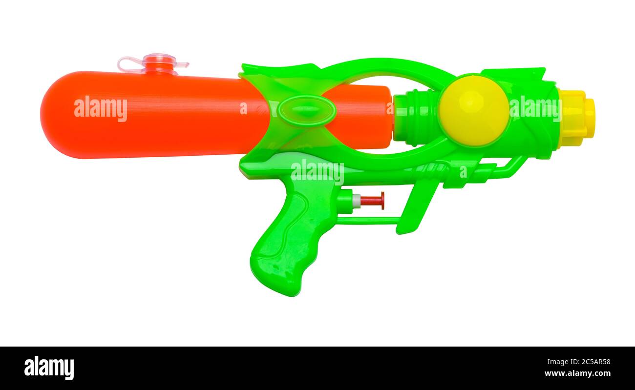 Spielzeug Squirt Gun auf Weiß ausgeschnitten. Stockfoto