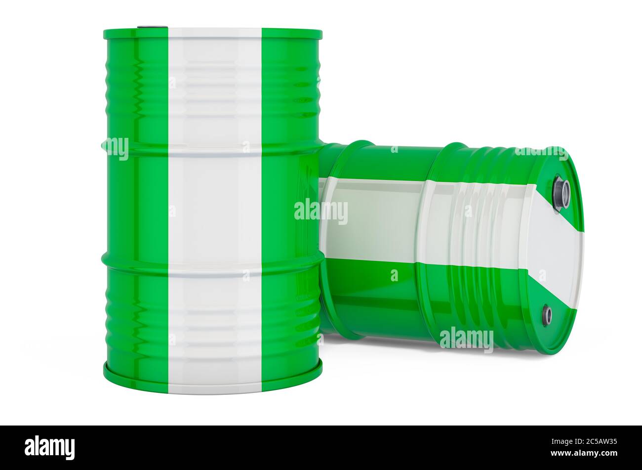 Stahltrommel, Fass mit nigerianischer Flagge, 3D-Rendering isoliert auf weißem Hintergrund Stockfoto