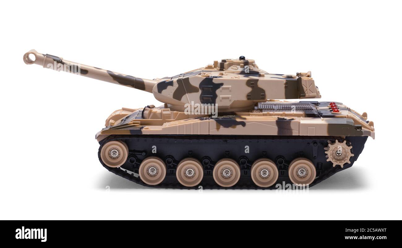 Spielzeug Fernbedienung Militärpanzer isoliert auf Weiß. Stockfoto
