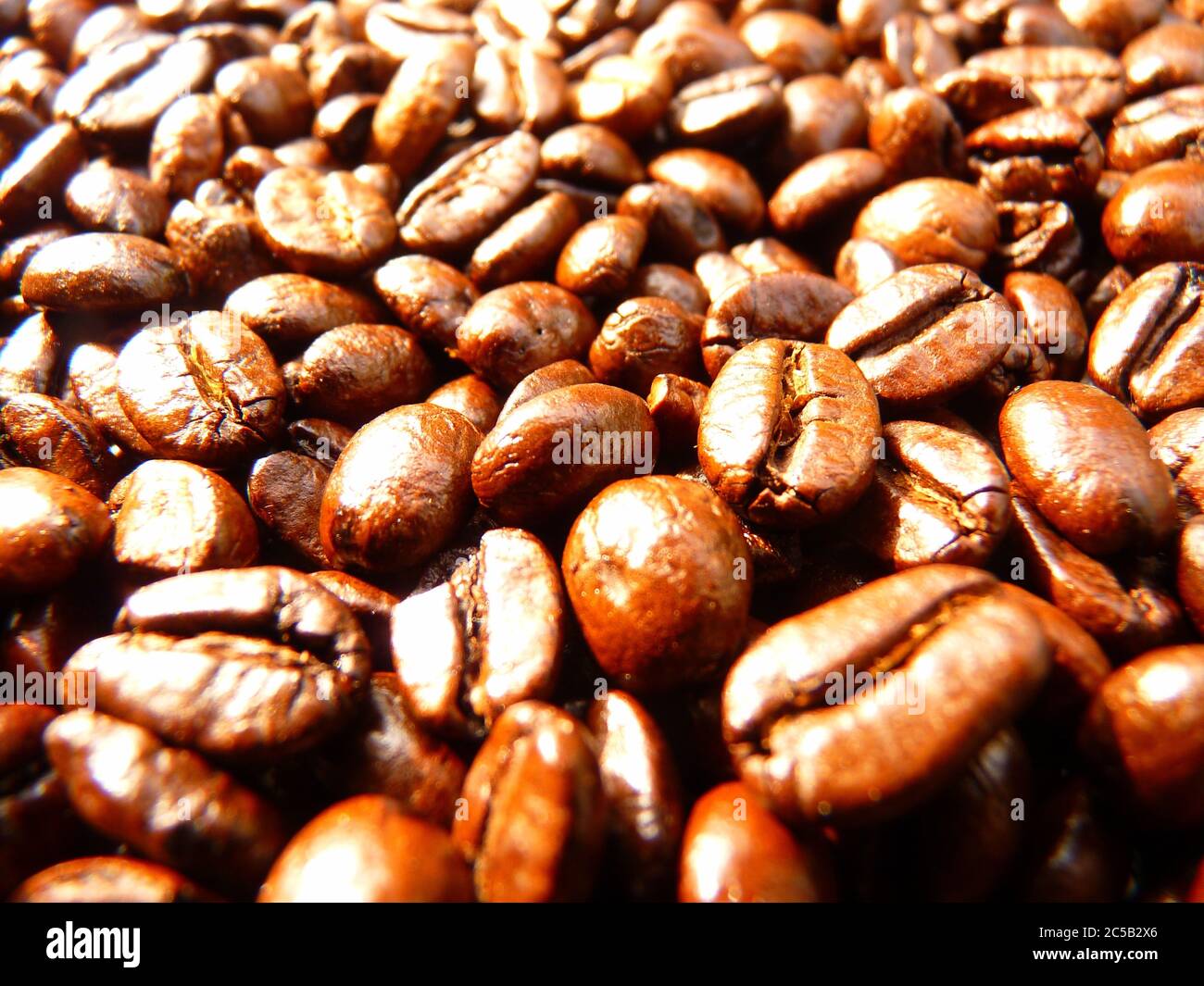 Horizontale Aufnahme der Kaffeebohnen nach dem Rösten Stockfoto