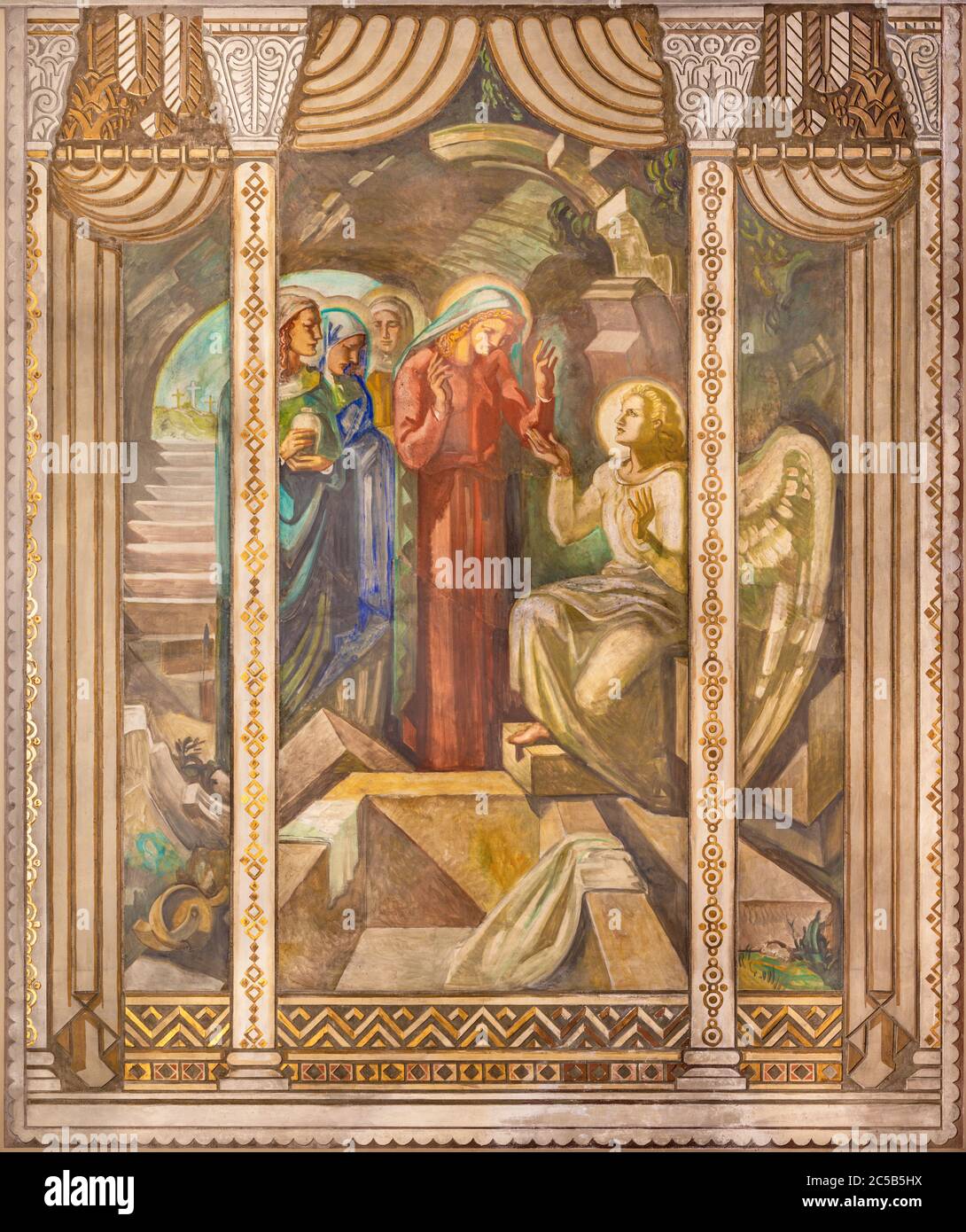BARCELONA, SPANIEN - 3. MÄRZ 2020: Das Fresko der Szene die Frauen am Grab Jesu in der Kirche Parroquia Santa Teresa de l'Infant Jesus. Stockfoto