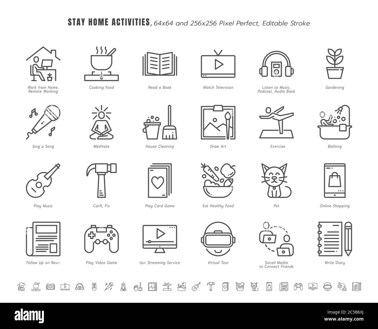 Einfache Set von Aufenthalt Home Aktivitäten für psychische Gesundheit während Coronavirus, Covid-19 Krise verbunden. Wie News Update, Kochen, Spiel. Linienübersicht Ico Stock Vektor