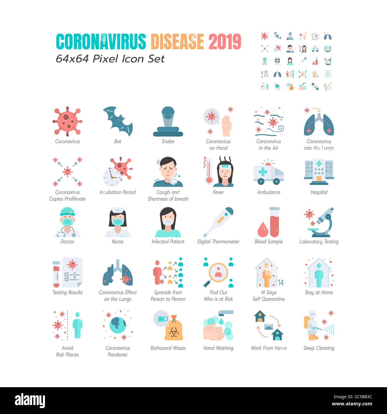 Einfache Satz von Coronavirus-Krankheit 2019 Covid-19 flache Symbole. Solche Symbole wie Symptome, Infektion, Laboruntersuchungen, soziale Distanzierung, Aufenthalt zu Hause, Quara Stock Vektor