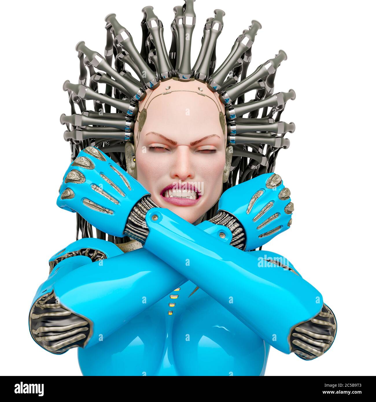 Super Cyborg ist wütend und das Gefühl bereit für Krieg Nahaufnahme, 3d-Illustration Stockfoto