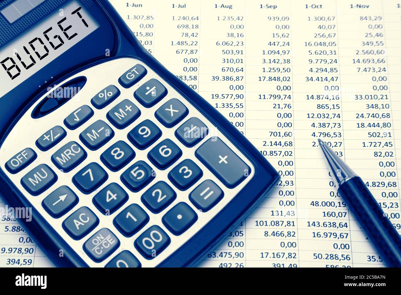 Budgetkonzept Budgettext auf Rechner Stockfoto