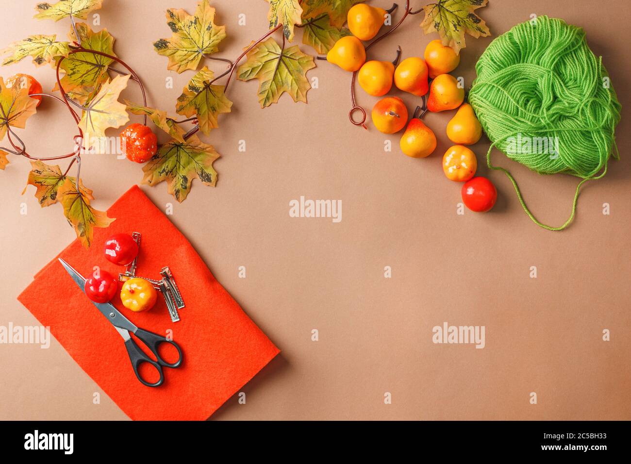 EINFACHE DIY Bogen Haarnadel aus Herbst saisonalen Dekor. Kreativität. Kreativität der Kinder. Filz, Schere, dekorative Früchte und Blätter. Handgefertigtes f Stockfoto