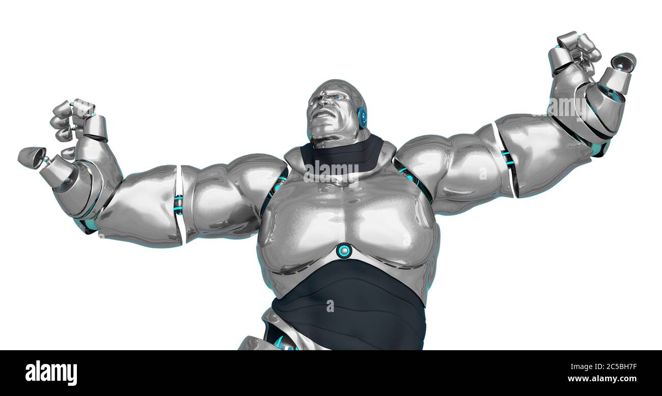 Super Muscle Roboter tanzt mit den Armen weit geöffnet, 3d-Illustration Stockfoto