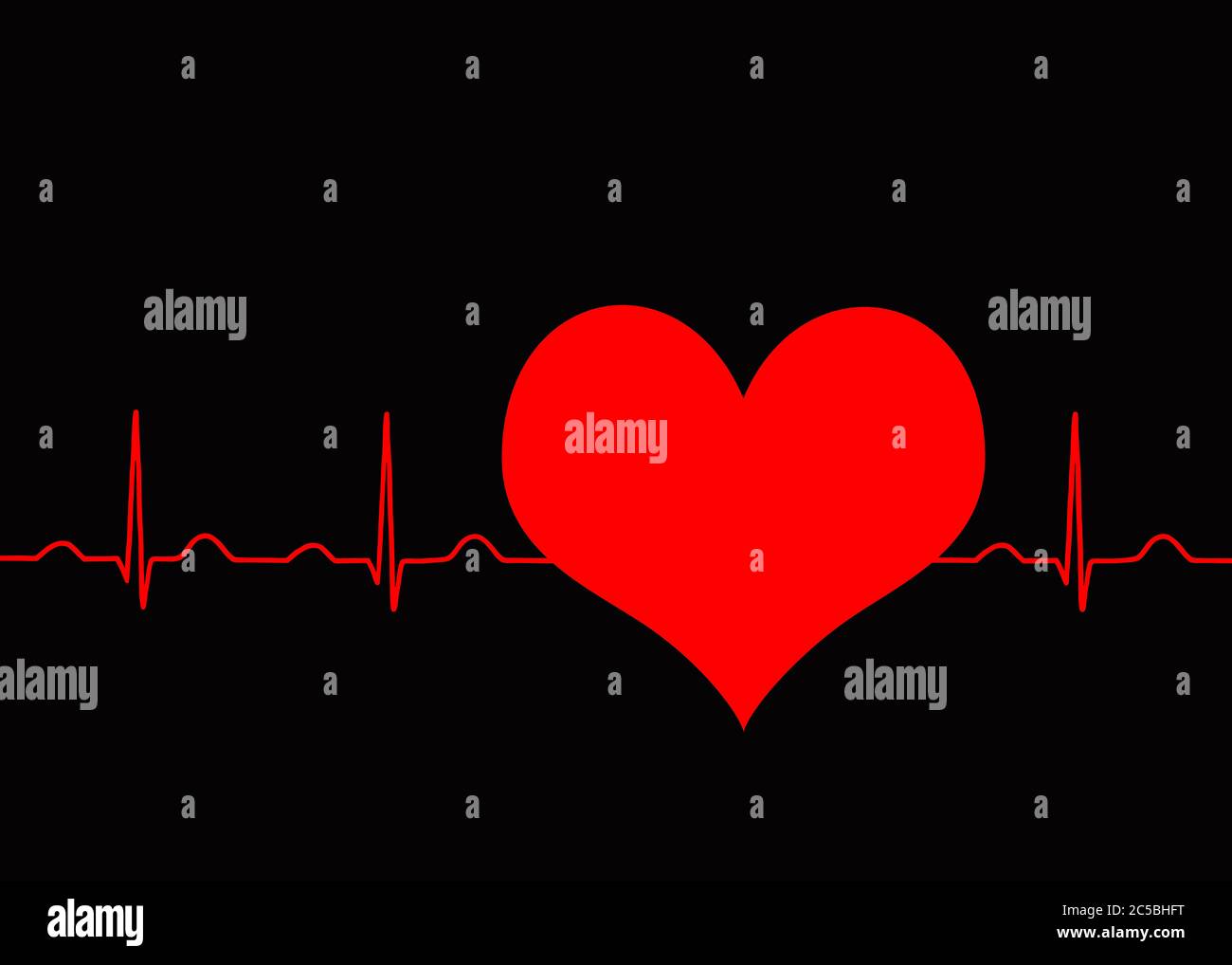 EKG normaler Sinusrhythmus Herzschlag auf dunklem Hintergrund, der durch ein Herz geht. Rot auf schwarzem Kontrast. Stockfoto