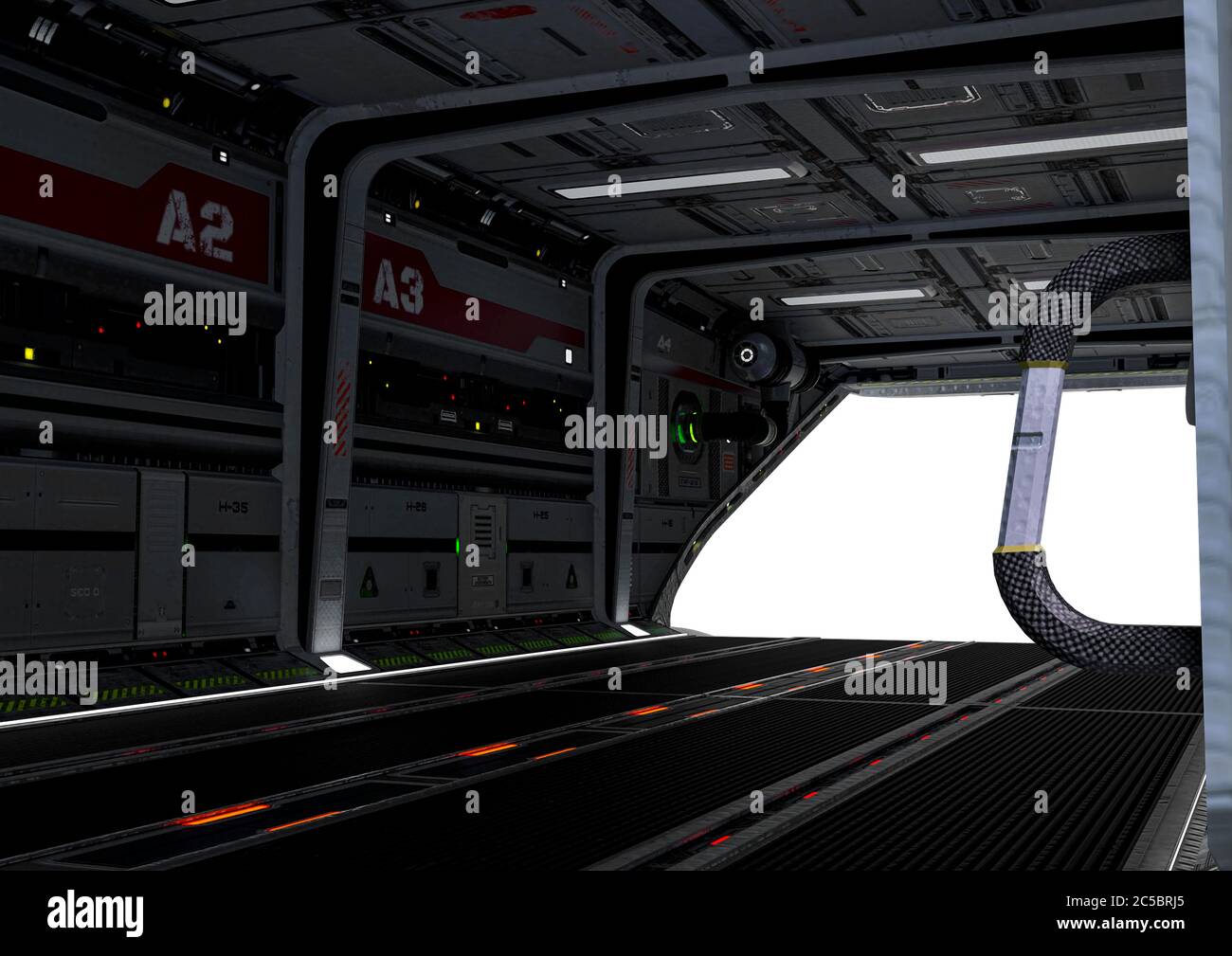 Cool Raumschiff geparkt Innenansicht auf weißem Hintergrund, 3d-Illustration Stockfoto