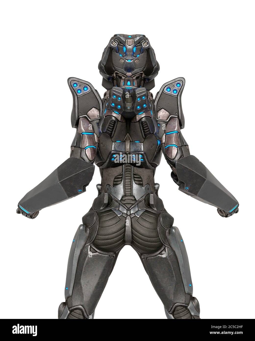 Alien weibliche Soldat tut eine Pin-up Rückansicht Pose in weißem Hintergrund, 3d-Illustration Stockfoto