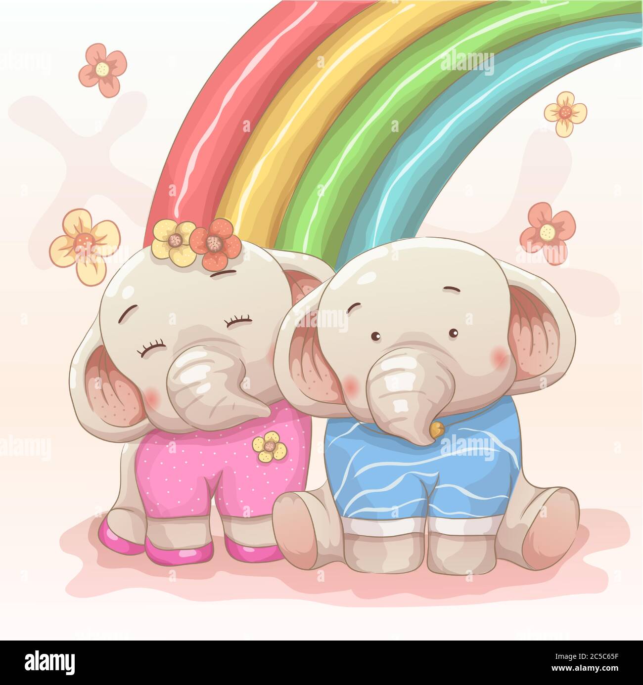 Niedlichen Elefanten paar lieben einander. vektor Hand gezeichnet Cartoon Art Stil. regenbogen Hintergrund Stock Vektor