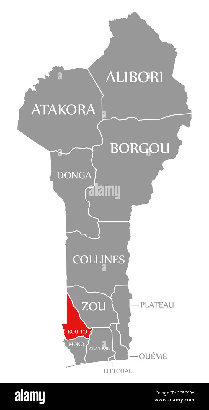 Kouffo rot in der Karte von Benin hervorgehoben Stockfoto