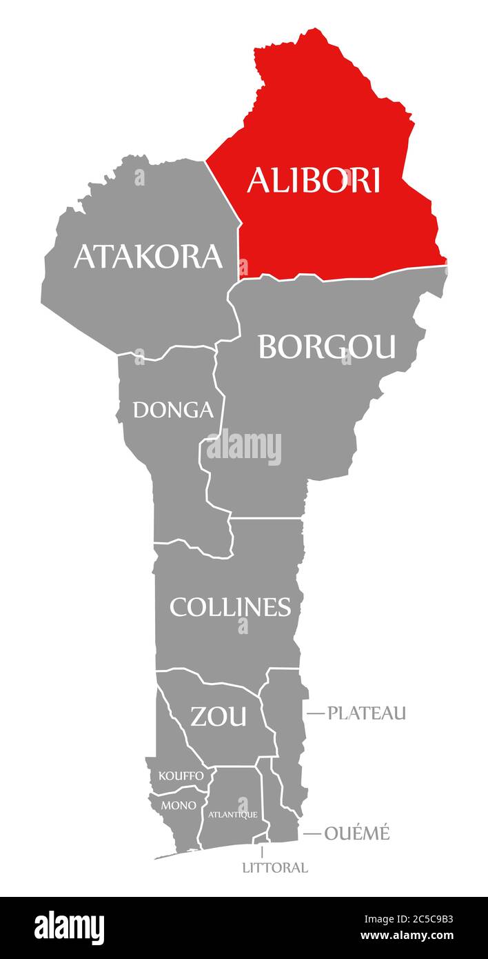 Alibori rot in der Karte von Benin hervorgehoben Stockfoto