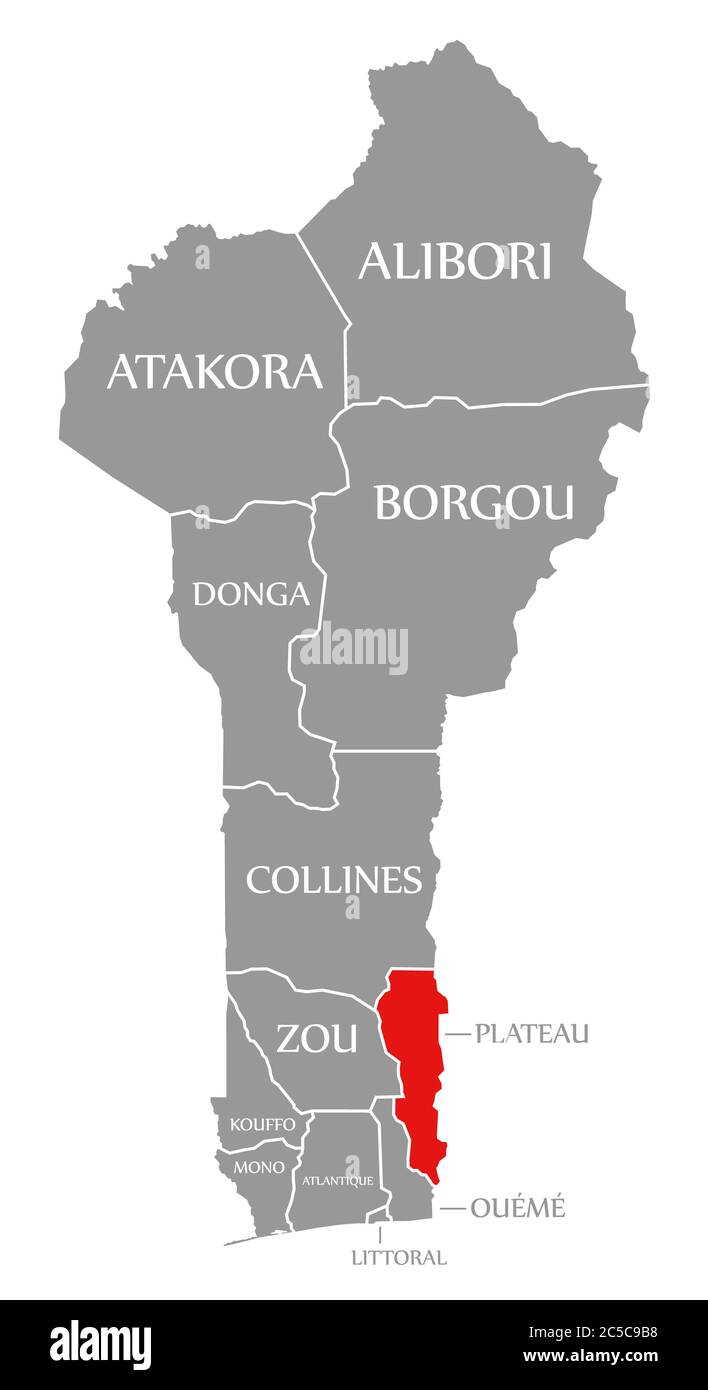 Plateau rot in der Karte von Benin hervorgehoben Stockfoto
