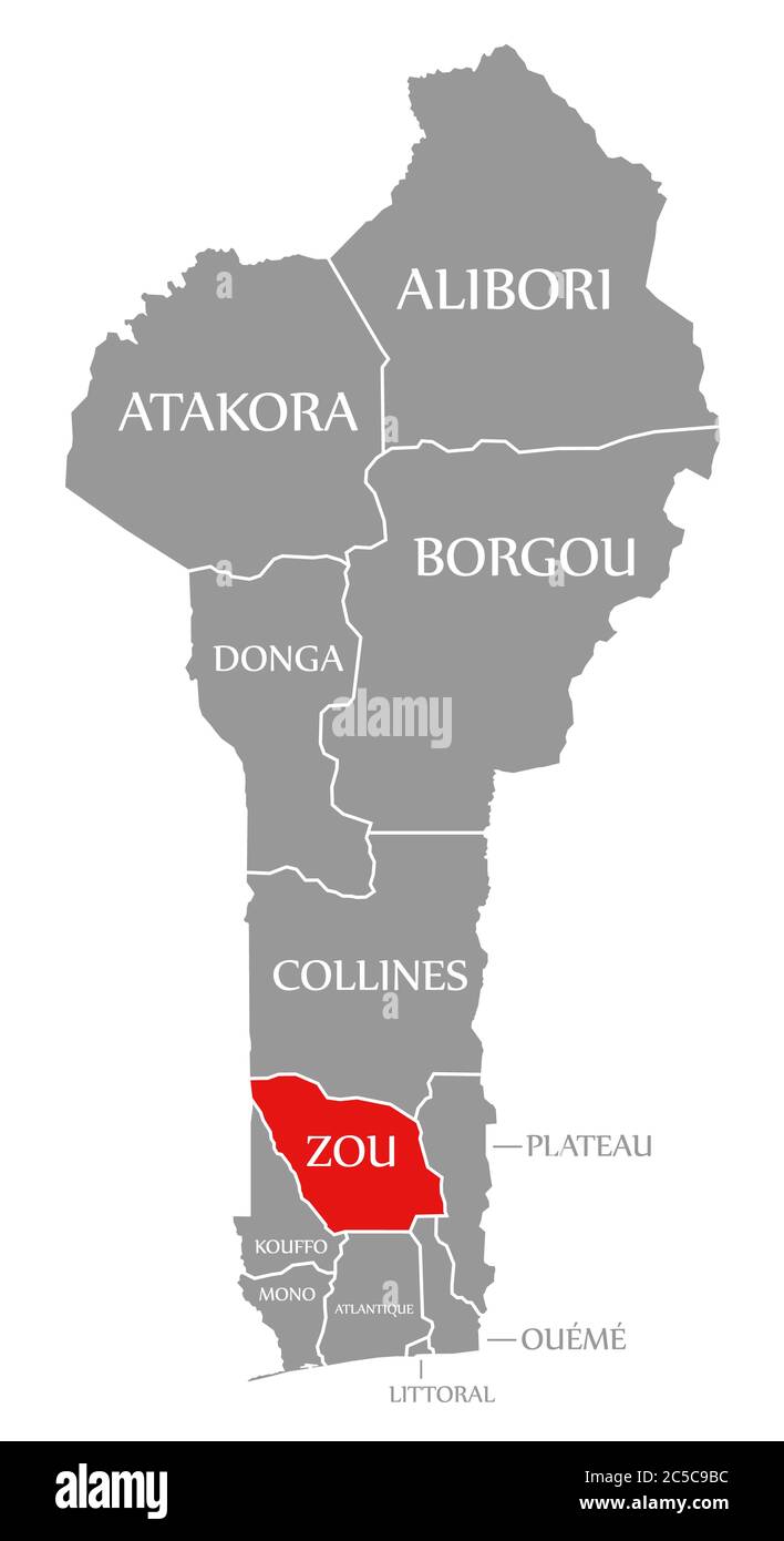 Zou rot in der Karte von Benin hervorgehoben Stockfoto