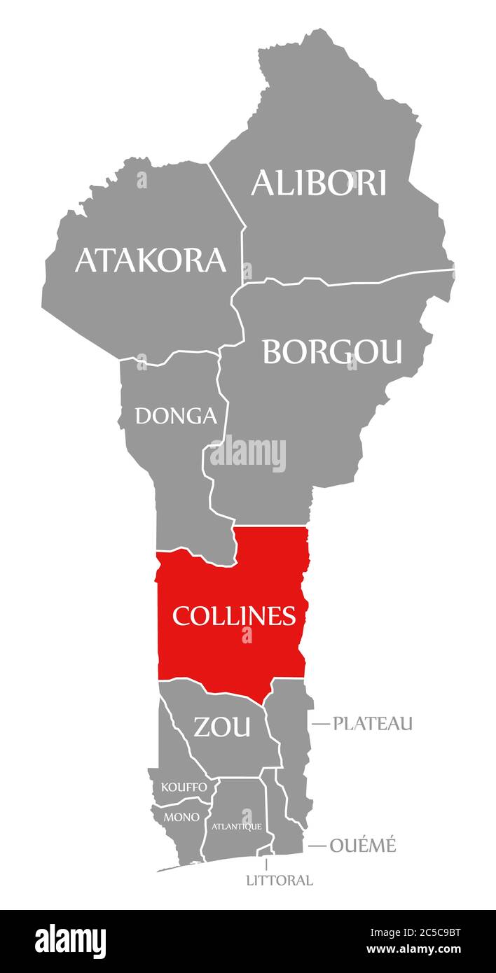 Collines rot hervorgehoben in der Karte von Benin Stockfoto