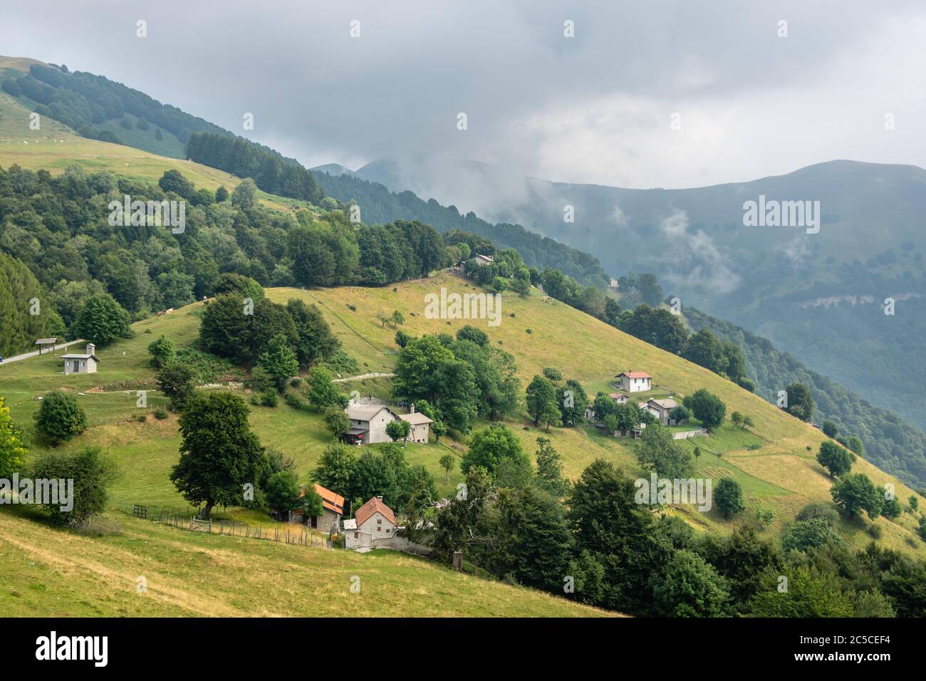 Verstreute Bauernhöfe auf einem grünen Hügel mit Almen übersät, an einem bewölkten Regentag, Region Lombardei, Italien. Italienische ländliche Sommerlandschaft. Stockfoto