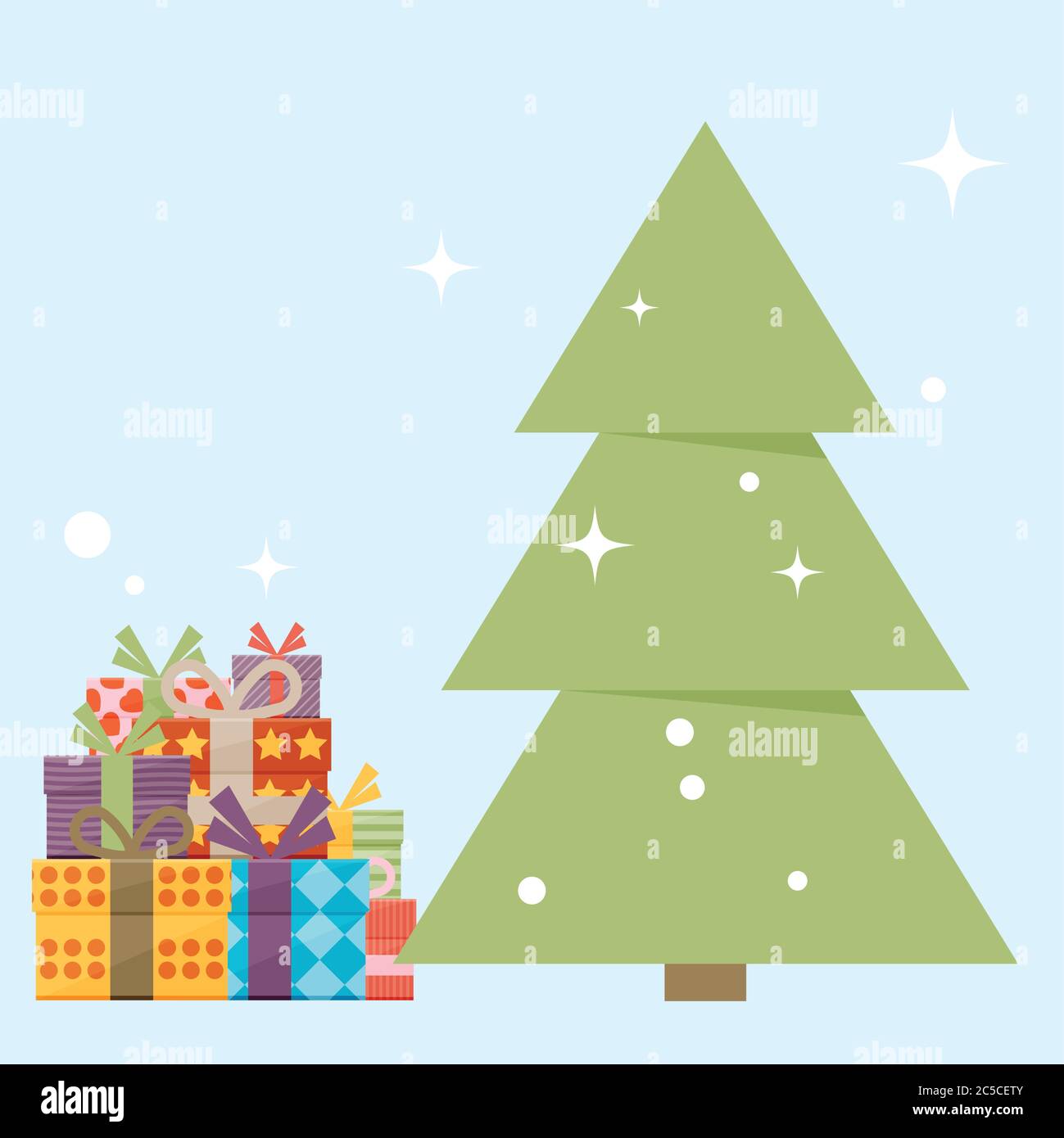 Vektor-Illustration des Weihnachtsbaums und Stapel von Geschenken Stock Vektor
