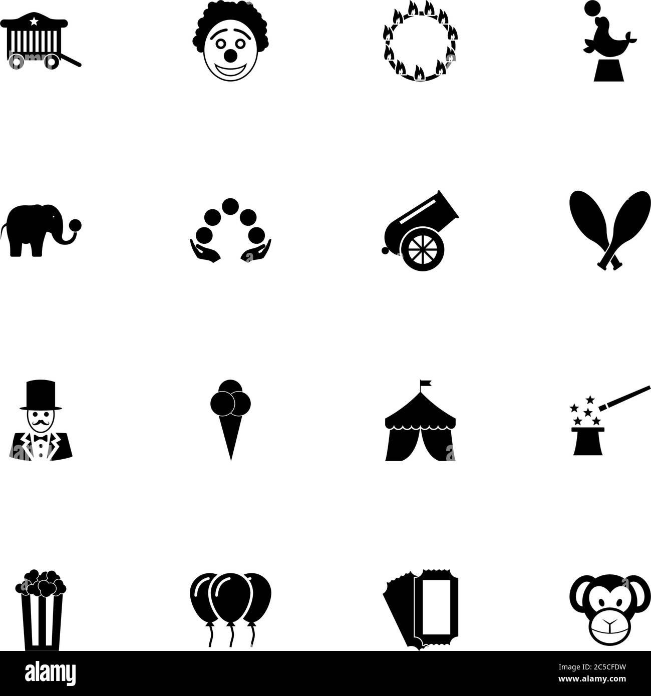 Zirkus-Symbol - erweitern Sie auf jede Größe - Ändern Sie auf jede Farbe. Perfect Flat Vector enthält solche Symbole wie Clown, Kanone, Affe, Elefant, Pelzrobbe, Magicia Stock Vektor