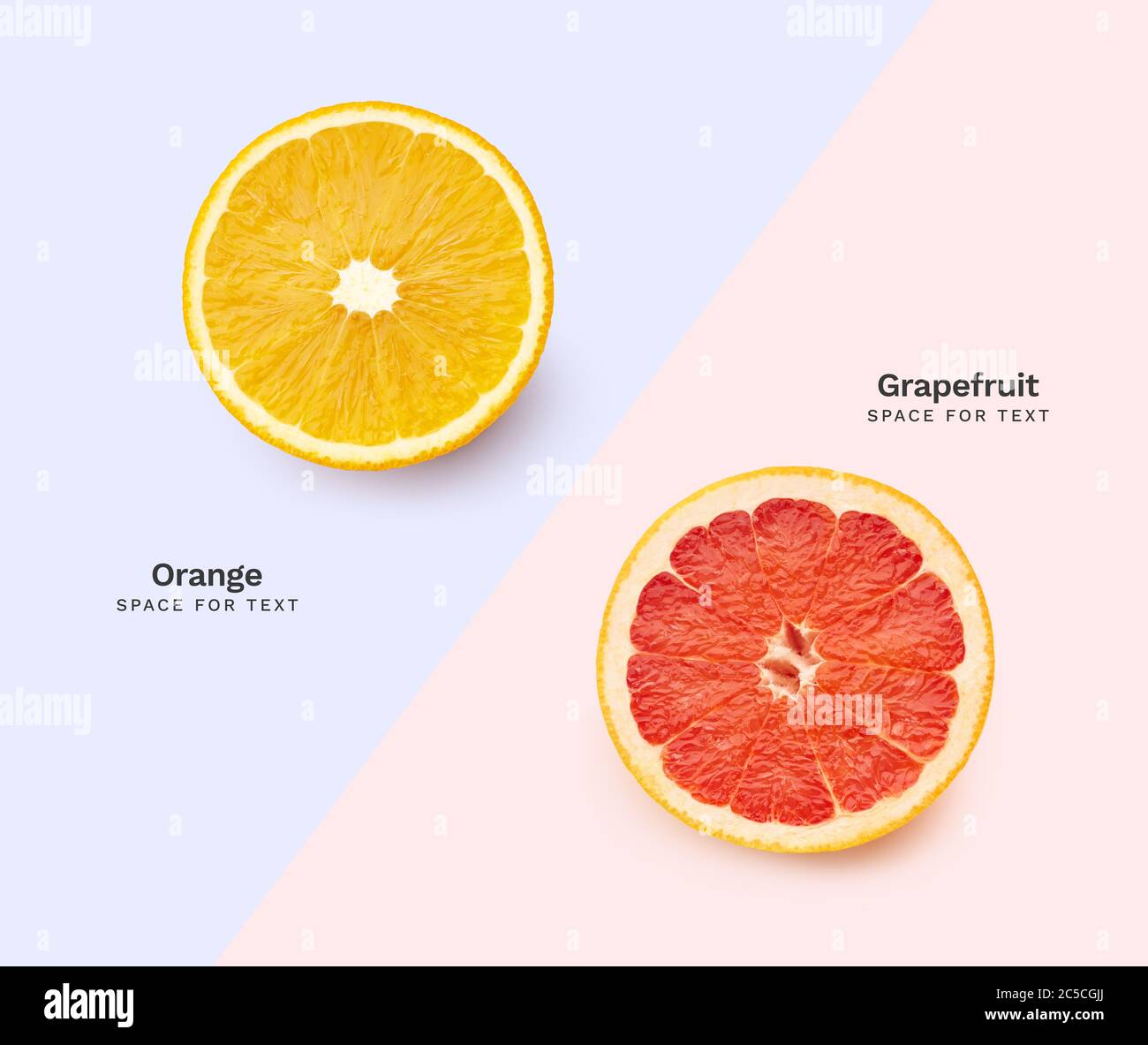 Draufsicht kreatives Layout mit Orange- und Grapefruitscheiben auf blauem und pinkem Hintergrund Stockfoto