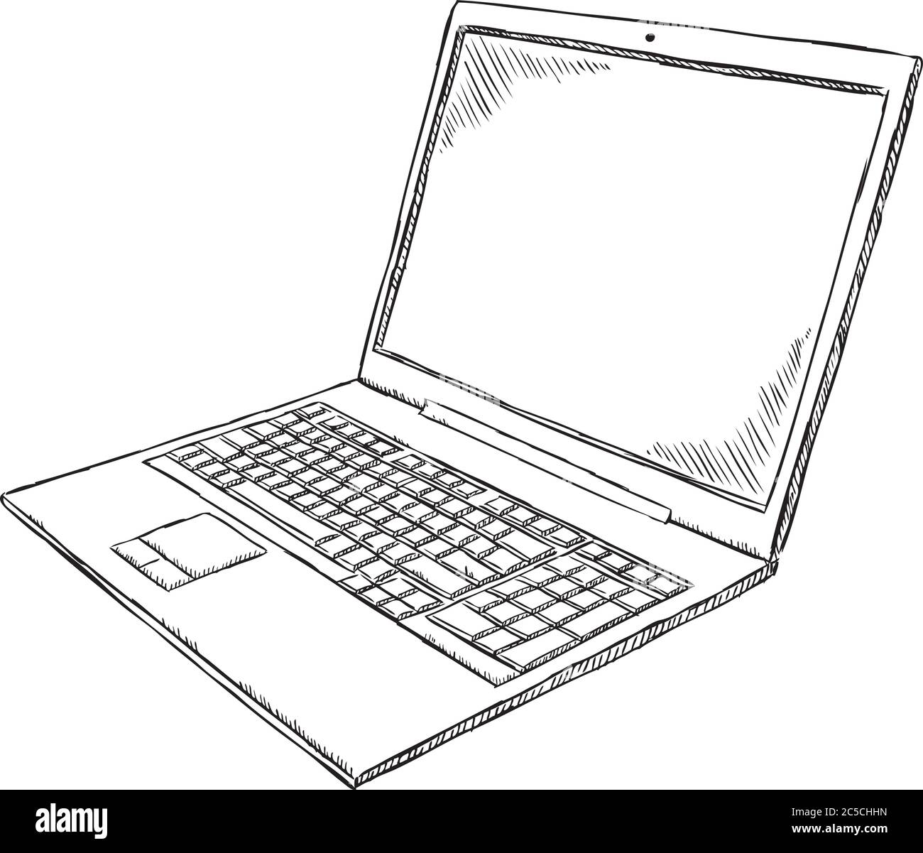 Schwarz-Weiß-Design Laptop. Handgezeichnete Doodle-Vektorgrafik. Stock Vektor