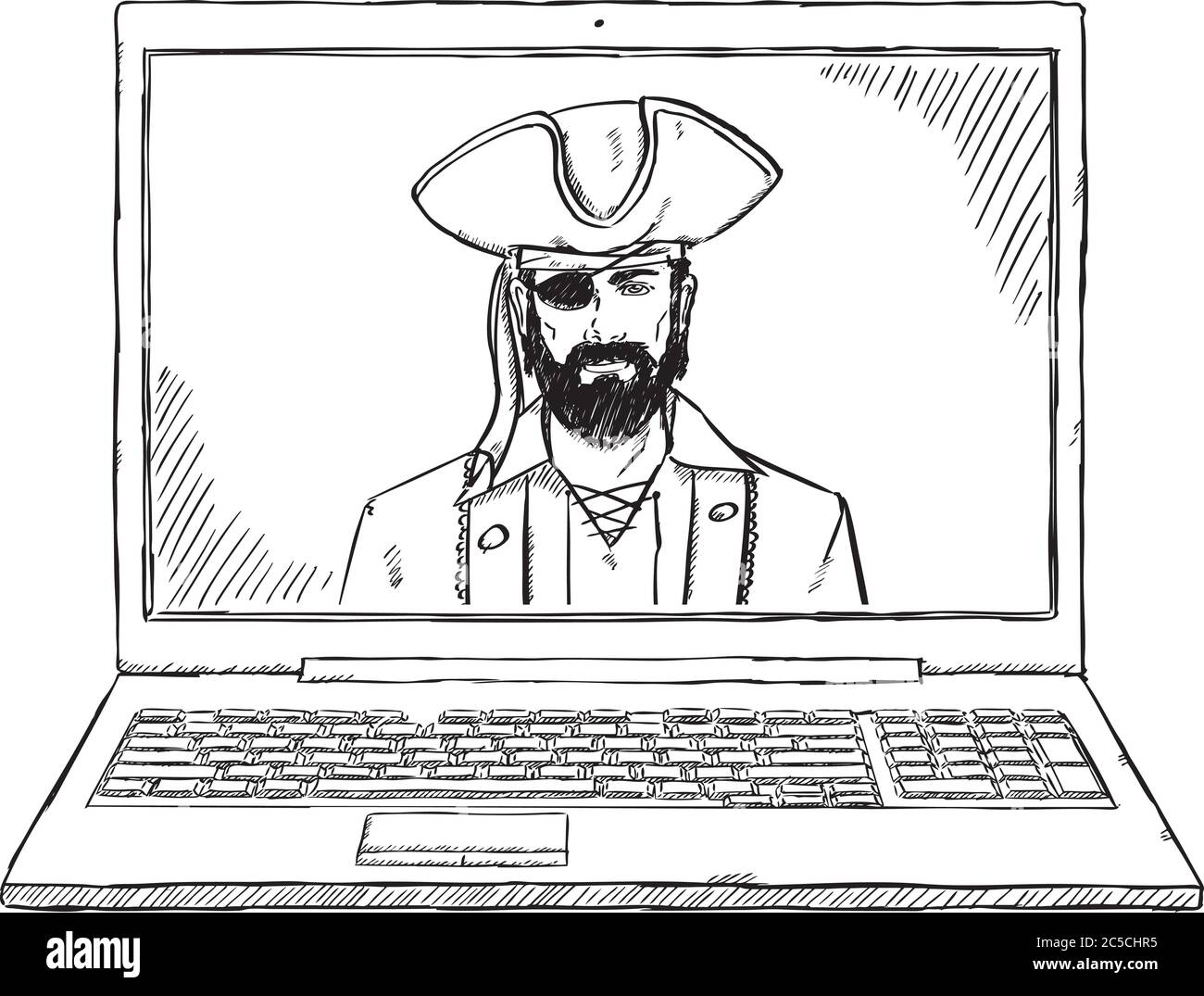 Sketch Stil Doodle Computer Piraten hacken Laptop. Handgezeichnete Vektorgrafik. Stock Vektor